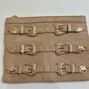 Elegant Tan Clutch with Gold Accents